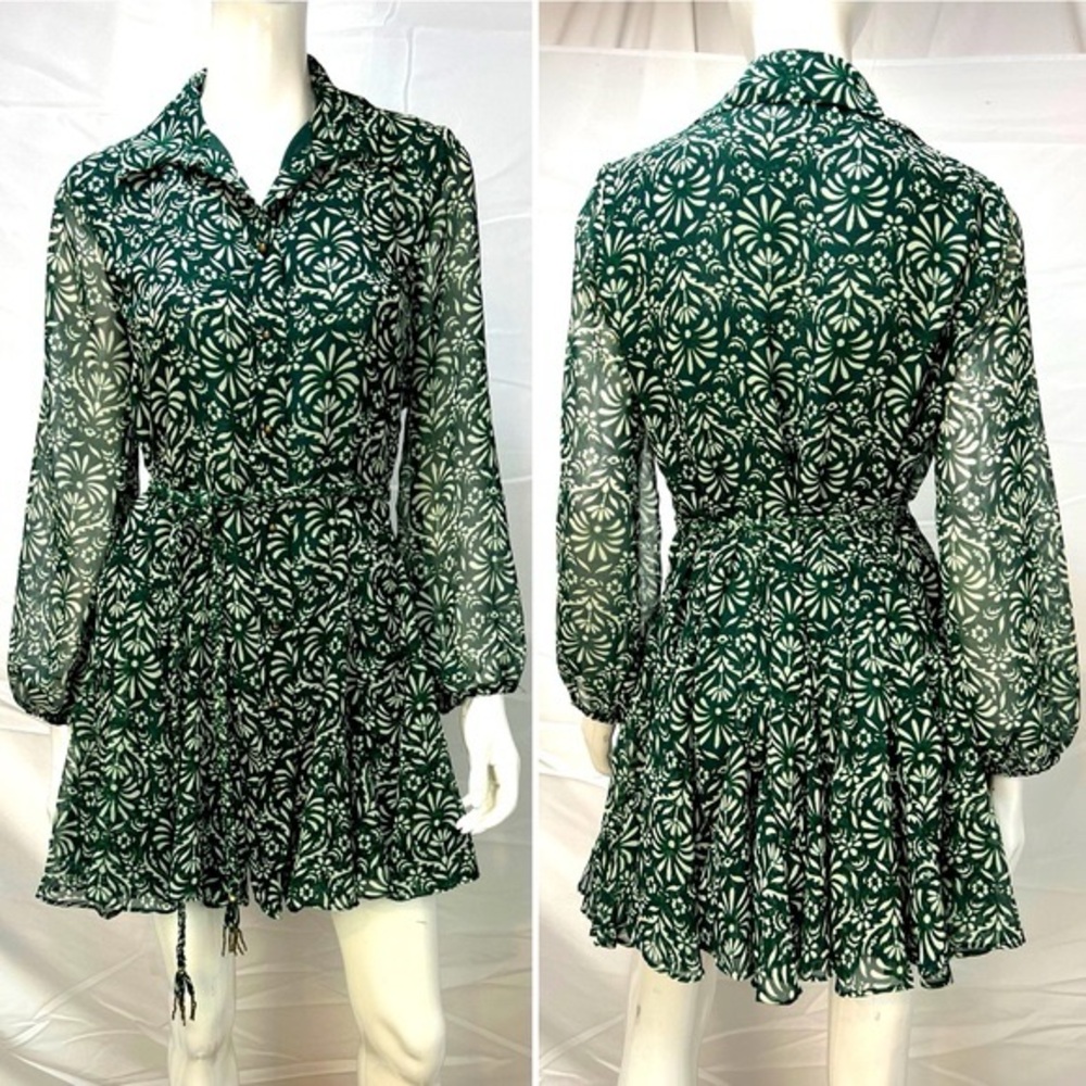 Zara green floral belted long sleeve mini dress maroon full skirt
